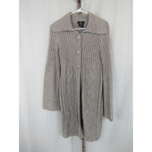 It's Our Time Medium Cable Knit Cardigan Collared Open Front Oatmeal Sweater - Picture 1 of 7